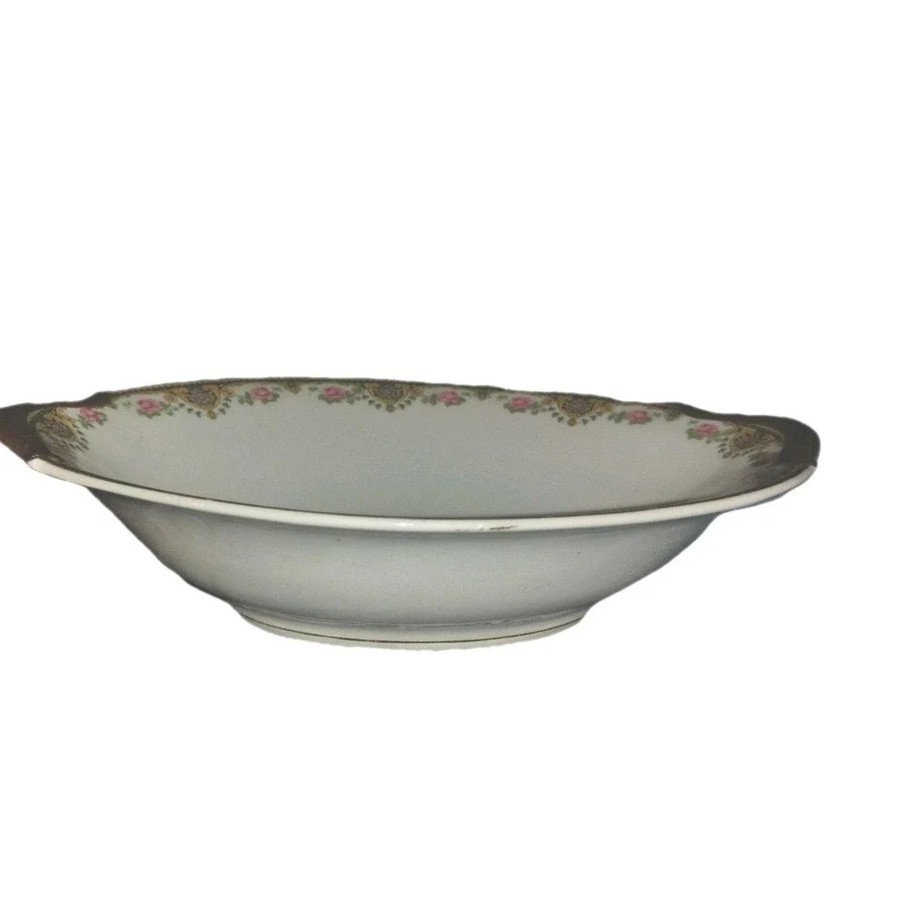 Antique U.C. Limoges Oval Bowl Serving Gilded Yellow Pink Floral Trim 2 handled‎